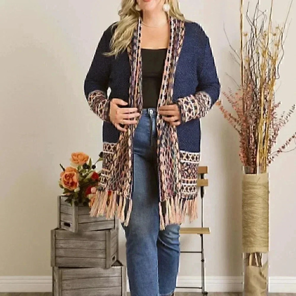Navy Tribal Fringe Sweater Kimono - Picture 4 of 4